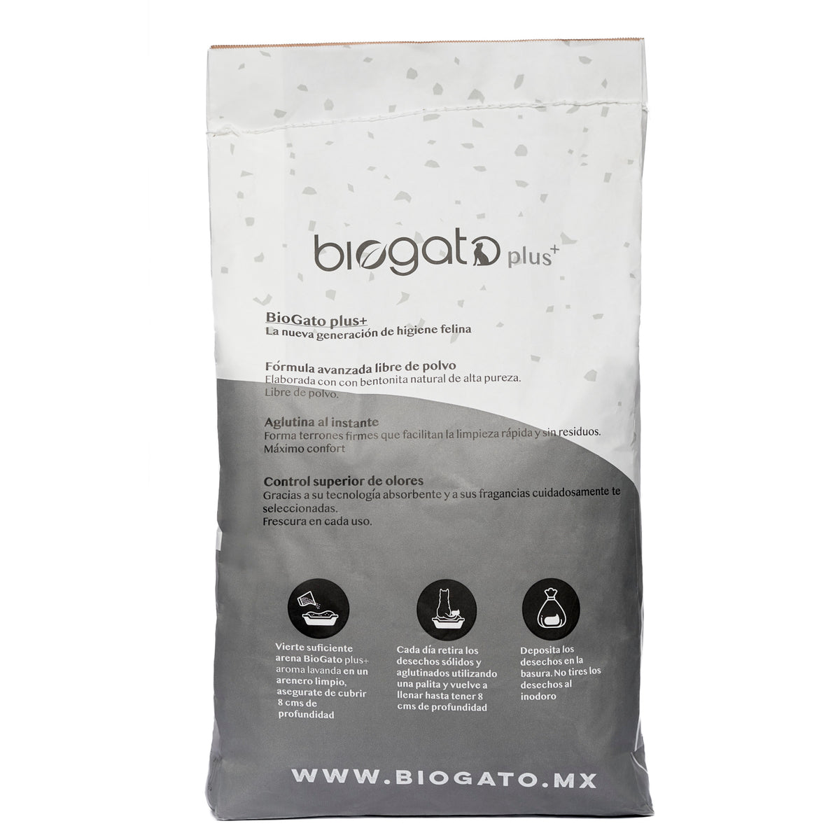 BioGato Plus+ carbón activado, reverso del bulto