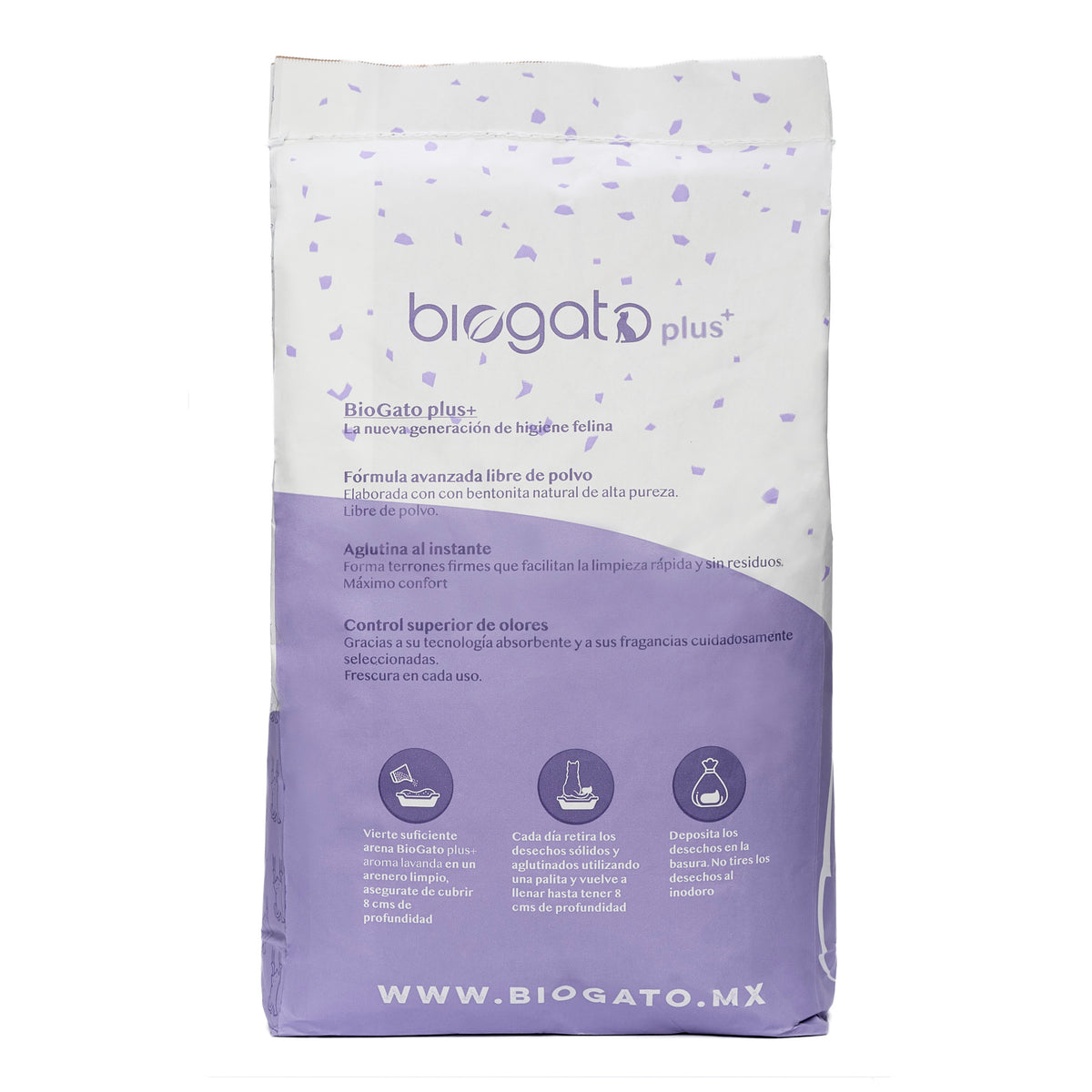 BioGato Plus+ lavanda, reverso del bulto