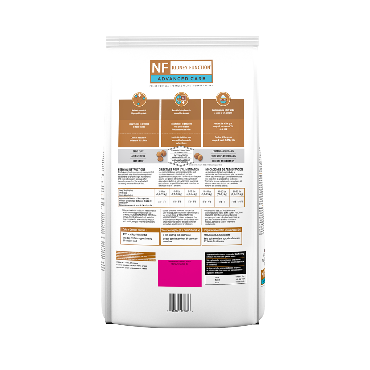 Pro Plan Veterinary Diets NF Kidney Function Advanced Care Feline Seco - panel trasero con beneficios y guia de alimentacion