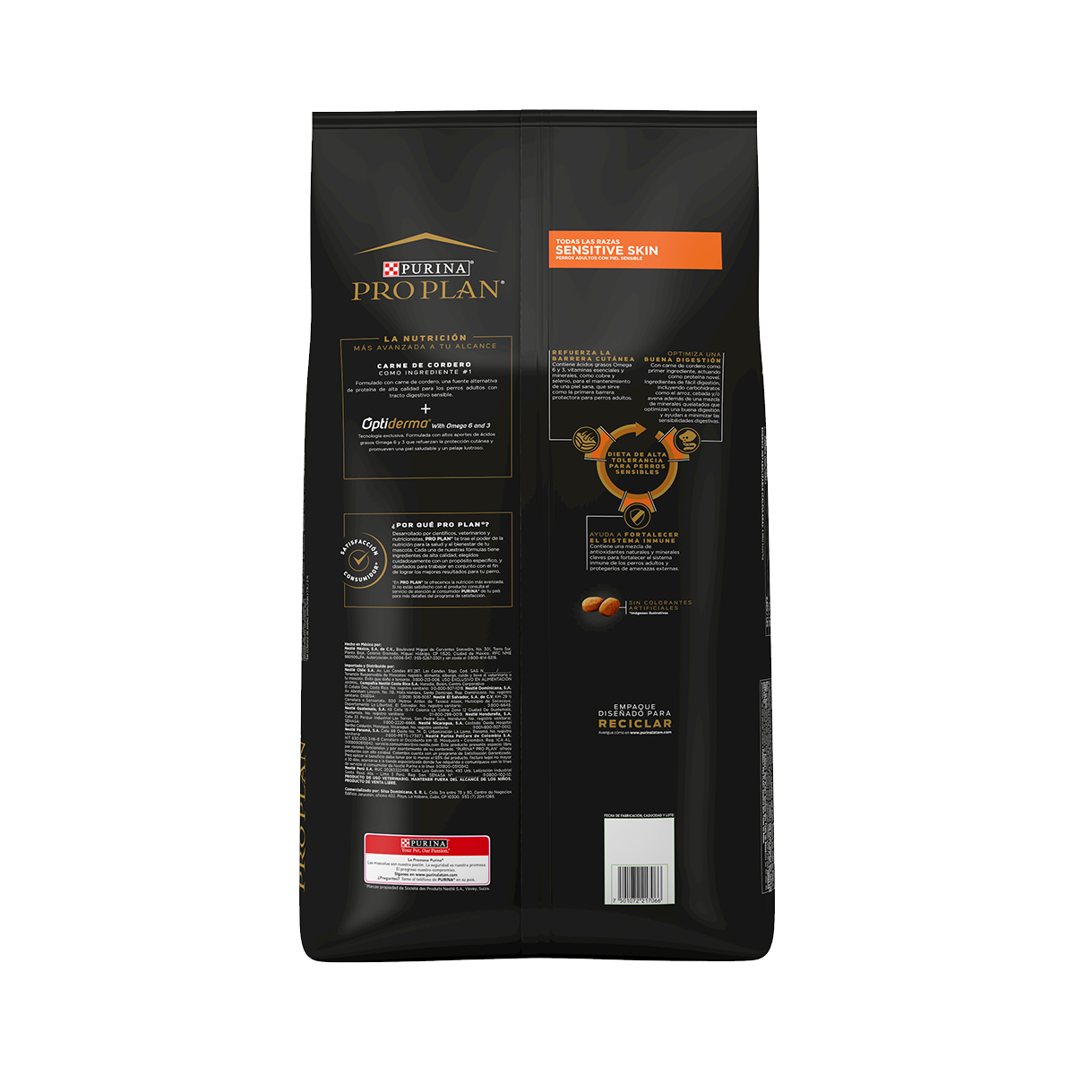 Pro Plan Sensitive Skin Adulto Cordero - panel trasero con beneficios Optiderma