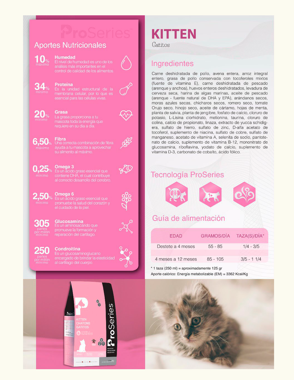 ProSeries Kitten – ficha técnica oficial: ingredientes, guía de alimentación y aportes nutricionales