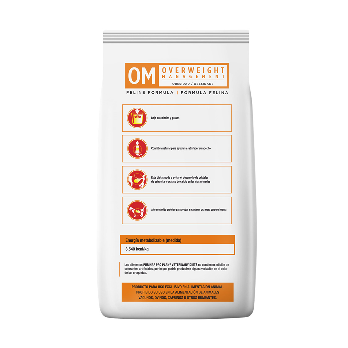 Pro Plan Veterinary Diets OM Overweight Management Feline Seco - panel trasero con beneficios