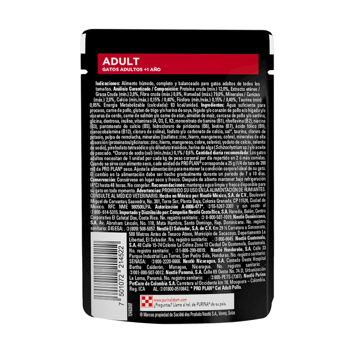 Pro Plan Gato Adulto Sobre Pollo - panel trasero con analisis garantizado, ingredientes y guia de alimentacion