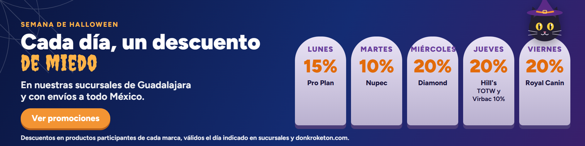 Semana de Halloween: lunes Pro Plan 15%, martes Nupec 10%, miércoles Diamond 20%, jueves Hill's 20% y Taste of the Wild y Virbac 10%, viernes Royal Canin 20%