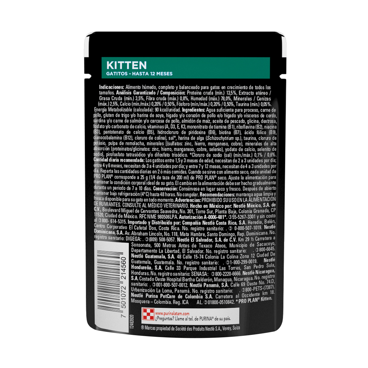 Pro Plan Gatito Sobre Pollo - panel trasero con analisis garantizado, ingredientes y guia de alimentacion