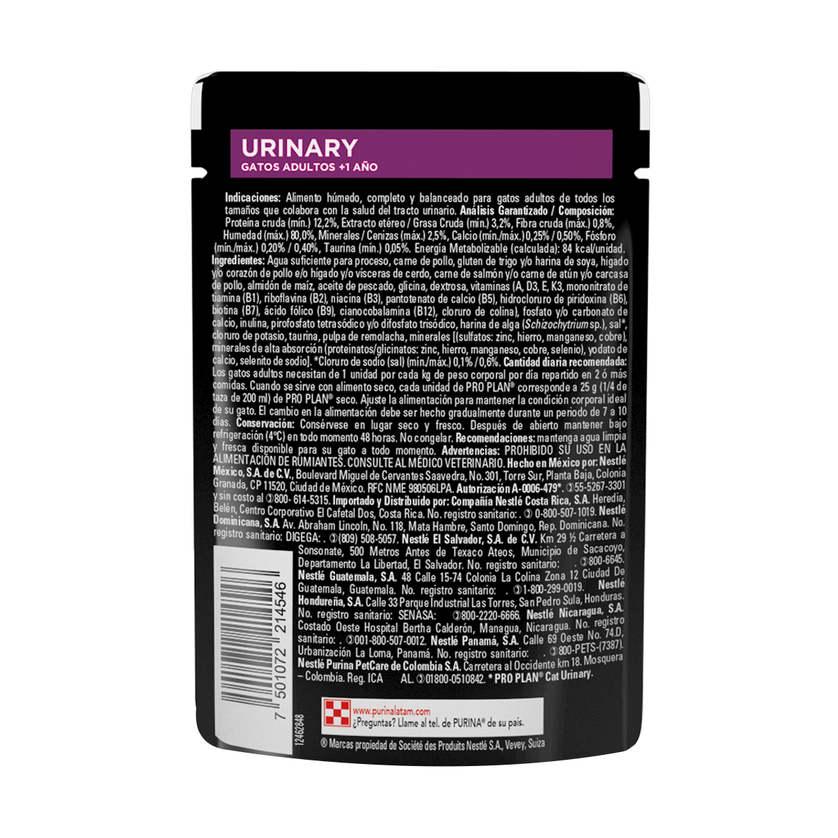 Pro Plan Gato Urinary Sobre Pollo - panel trasero con analisis garantizado, ingredientes y guia de alimentacion